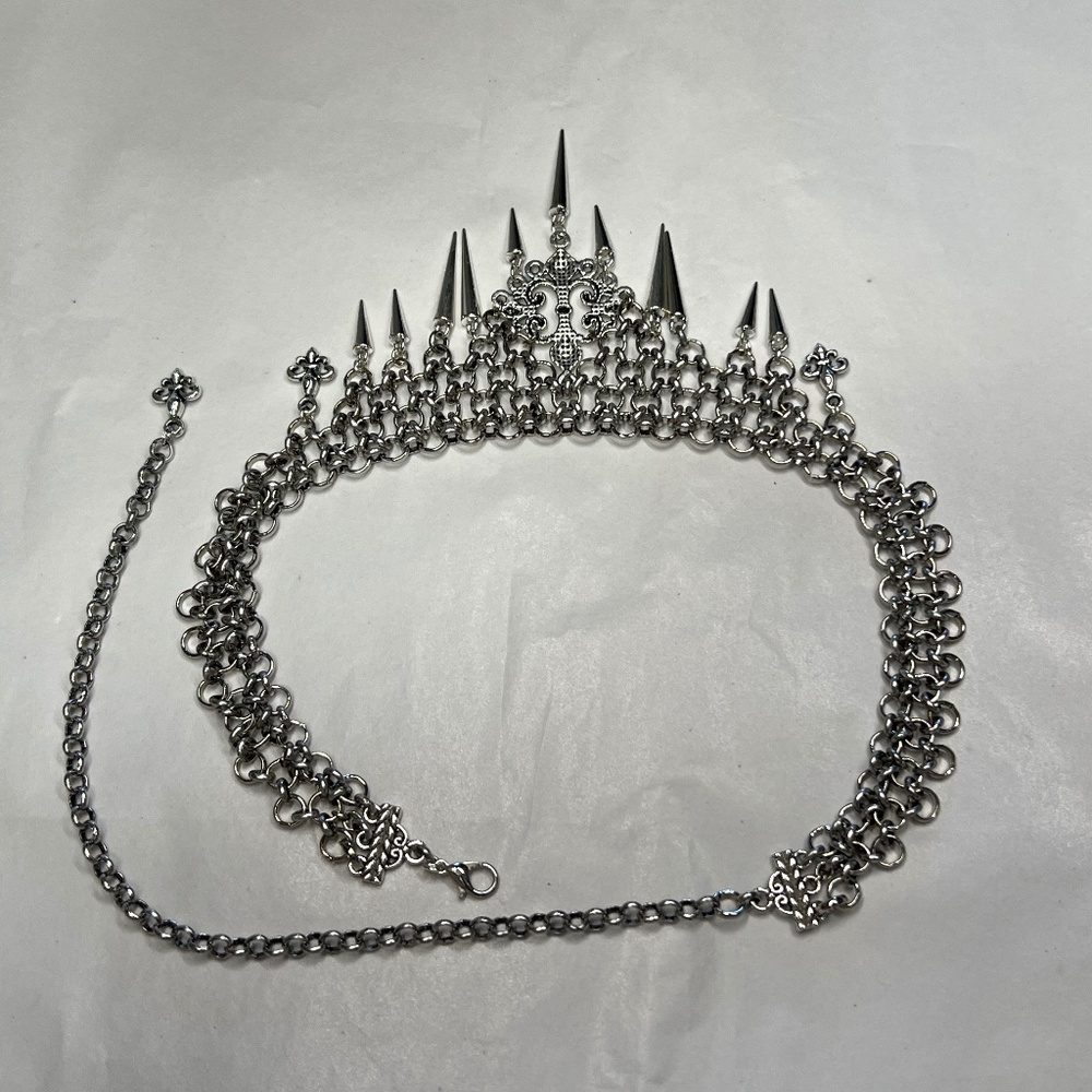 Fleur de Lis Gothic Renaissance Handmade Chainmail Choker Bib Necklace Spikes - Picture 14 of 16